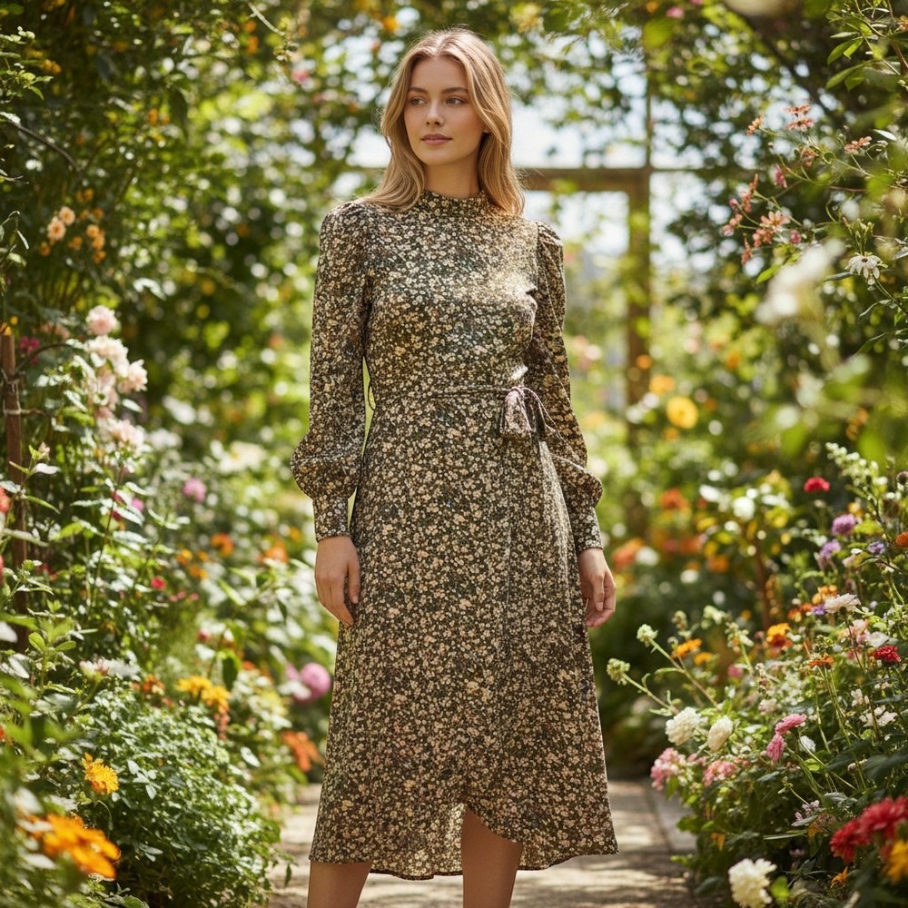 LUSH Sheath Dress Womens Medium Olive Ditsy Floral Boho‎ Tie Waist Long Sleeve
